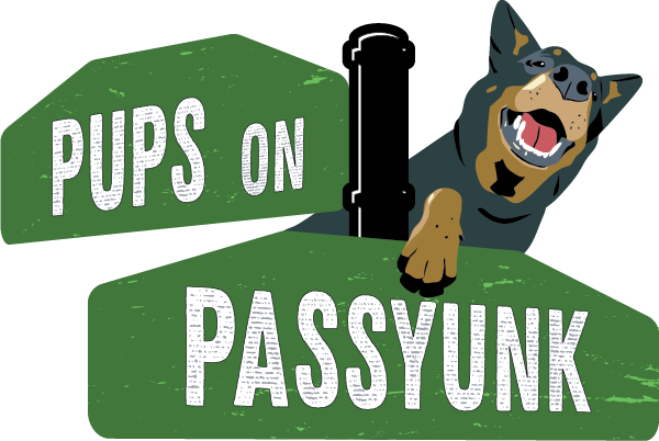 Pups on Passyunk logo — an illustrated dog on a green banner