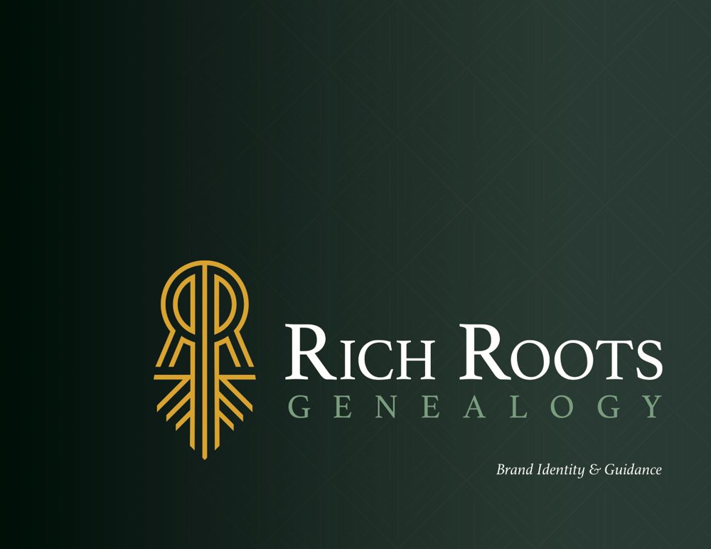 Rich Roots Genealogy brand book cover, dark green with a gold monogram
