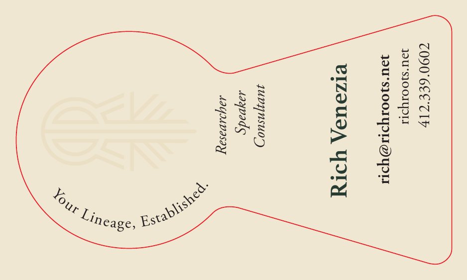 Rich Roots die-cut business card, back